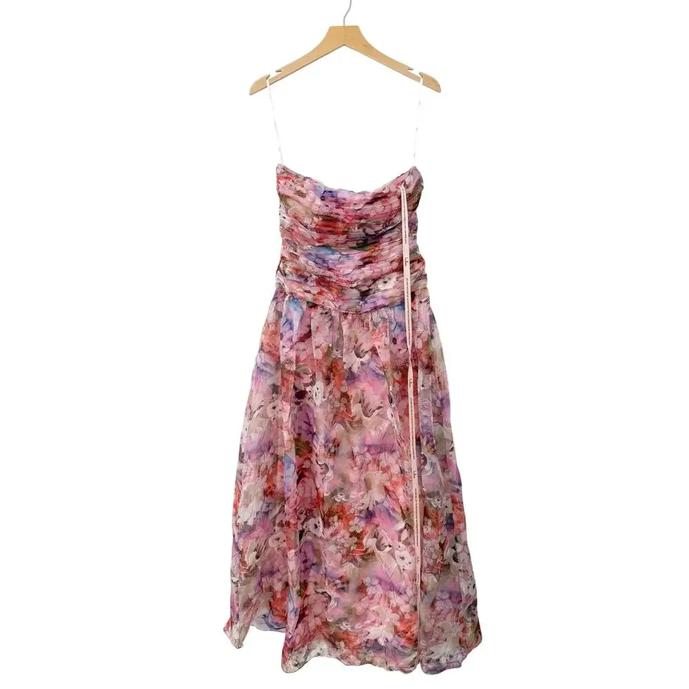Lulus Kasandra Pink Multi Floral Organza Drop Waist Maxi Dress size M NWT - Picture 3 of 6